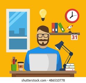 Programmer sitting at the desktop and working on the laptop. Flat vector illustration.
