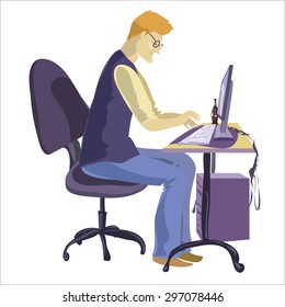 Programmer sitting in front of his computer and working. Cartoon vector flat illustration