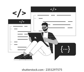 Programmer sitting with laptop bw concept vector spot illustration. Freelancer 2D cartoon flat line monochromatic character for web UI design. Editable isolated outline hero image