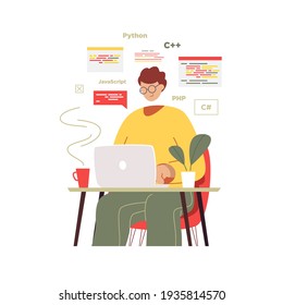 The programmer is sitting at the laptop. Freelance, work from home. Vector illustration.