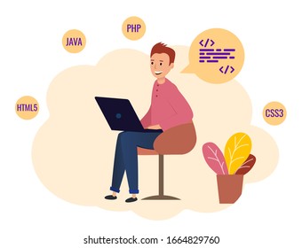 Programmer sitting with laptop and working. Writes code to create a website in the programming language. Illustration of the concept of universal programmer.