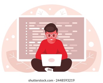 Programmer sitting in lotus pose with laptop and working. Coding experience and software development. Display screen with program code. Workplace of a programmer. Vector graphics