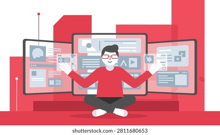 Programmer sitting in a lotus position while analyzing complex data and software windows across multiple screens in a red workplace.