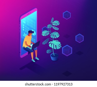 Programmer sitting in mobile phone near plant and working with laptop. Digital health and digital era, information age and data science concept. Ultraviolet neon vector isometric 3D illustration.