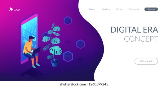 Programmer sitting in mobile phone near plant and working with laptop. Digital health and digital era, information age and data science concept. Isometric 3D website app landing web page template