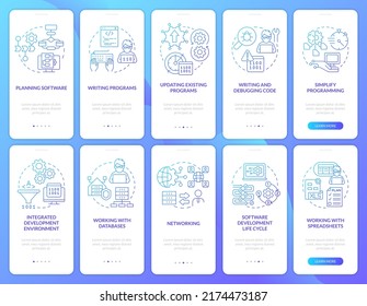 Programmierkompetenz blauer Farbverlauf auf dem mobilen App-Set. Exemplarische Vorgehensweise für 5 Schritte Seiten mit grafischen Instruktionen mit linearen Konzepten. UI, UX, GUI-Vorlage. Myriad Pro-kühne, Standardschriftarten verwendet 
