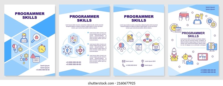 Programmer skills brochure template. Professional developer. Leaflet design with linear icons. 4 vector layouts for presentation, annual reports. Arial-Black, Myriad Pro-Regular fonts used