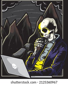 Programmer Skull with laptop modern art design Set for T-shirt, Jacket, Poster.