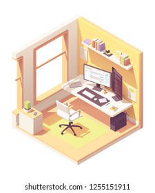 Programmer or software developer home office workspace. Vector isometric room cross-section with desk, desktop pc, two computer monitors, laptop, office chair, programming books on the shelve