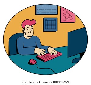 Programmer, software engineer, web designer, data scientist, student, freelancer, employee. Young man sitting in front of desktop computer and typing, coding. Vector illustration.