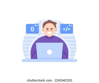 programmer, software or web developer, full stack developer, back end. a staff or male employee does coding or makes a program. work using a laptop. occupation and profession. vector elements