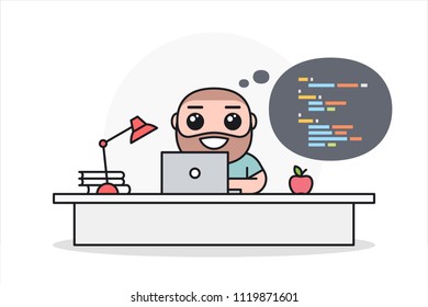 Programmer, software or web developer working on computer at office desk. Front view. Cartoon character in flat style