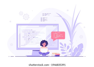Programador especializado sentado en pantalla grande y trabajando