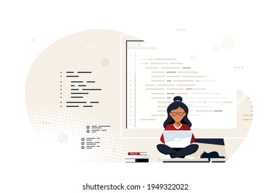 Programador especializado sentado en pantalla grande y trabajando