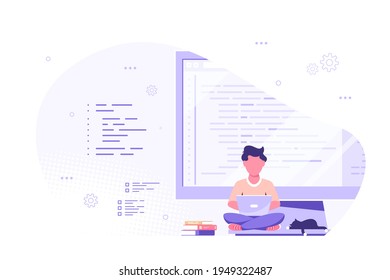 Programmer specialist sitting on big computer screen and working