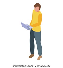 Programmer is standing and using a laptop, possibly working on software development or coding