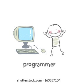 programmer stands next to the computer