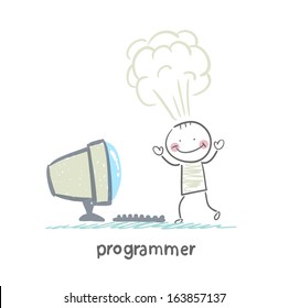 programmer stands next to the computer and explodes