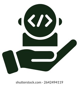 Programmer support icon with hand holding code symbols on a white background - Powered by Shutterstock - Get 15% off with code: PIKWIZARD15