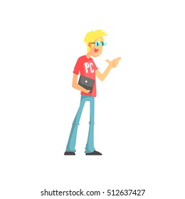 Programmer Talking Holding A Lap Top Funny Character