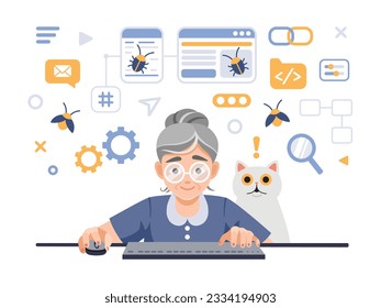Programmer tester female character cartoon illustration. Elderly Software tester at computer, finding program bugs. QA, testing, debugging concept. Flat vector illustration isolated on white