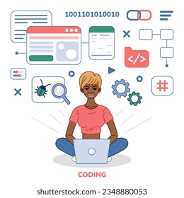 Programmer tester female character cartoon illustration. African American Woman Software developer at computer, finding program bugs. Testing, coding, programming concept. Flat vector illustration.