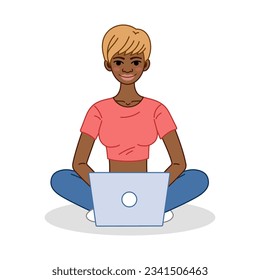 Programmer, tester, web designer girl character cartoon illustration. African American Woman Software developer at computer. Testing, coding, programming concept. Flat vector illustration.