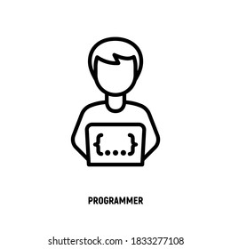 Programmer thin line icon. Coding on laptop. Freelancer, work at home. Vector illustration.