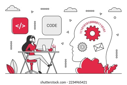 Programmer thinking. Software code development, computer programming vector monocolor illustration