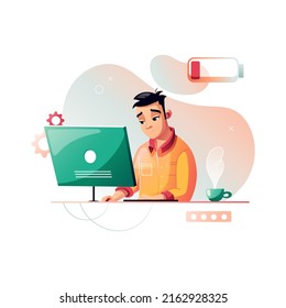 Programmer is tired at work. Development of programming and coding technologies. Low battery. Isolated vector illustration.