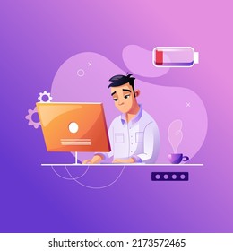 Programmer is tired at work. Development of programming and coding technologies. Low battery. Isolated vector illustration.