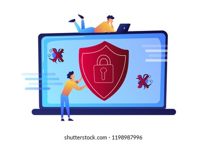Programador tratando de proteger su laptop de la ilustración del vector de virus.