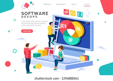 Programmer, user administrator, professional engine. Software support to build banner infographic. administration images flat technician concept, DevOps images. Isometric illustration.