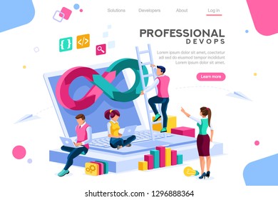 Programmer, user administrator, professional engine. Software support to build banner infographic. administration images flat technician concept, DevOps images. Isometric illustration.