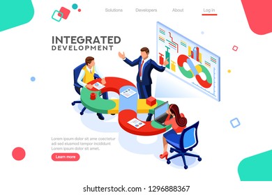 Programmer, user administrator, professional engine. Software support to build banner infographic. administration images flat technician concept, DevOps images. Isometric illustration.