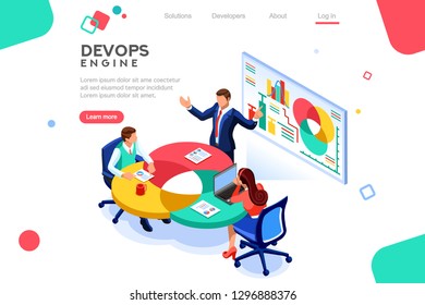 Programmer, user administrator, professional engine. Software support to build banner infographic. administration images flat technician concept, DevOps images. Isometric illustration.