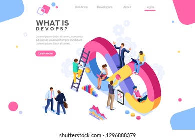 Programmer, user administrator, professional engine. Software support to build banner infographic. administration images flat technician concept, DevOps images. Isometric illustration.