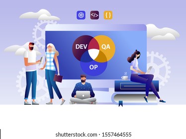 Programmer, user administrator, professional engine. Software support to build banner infographic. administration images flat technician concept, DevOps images. Isometric illustration.