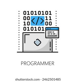 Oferta de trabajo de programador, especialista en TI, desarrollo de Web carrera esquema color icon. Trabajo de programación de interfaz de red, desarrollo de Sitio web de línea delgada pictograma de Vector con código binario