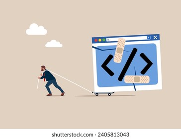 Programmer walking with bandage repaired coding program. API, application programming interface. Flat vector illustration