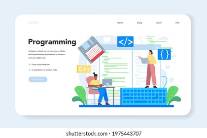 Programmer web banner or landing page. Idea of coding, testing and writing program, using internet and different software. Website development and optimization. Isolated vector illustration