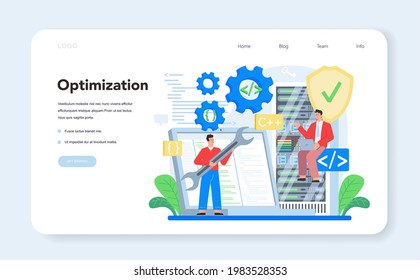 Programmer web banner or landing page. Idea of coding, testing and writing program, using internet and different software. Website development and optimization. Isolated vector illustration