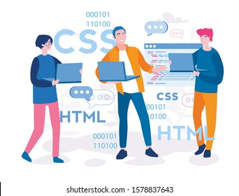 Programmer or web designer working  with team on laptop. HTML and CSS, Vector illustration for web, infographics, mobile.Creative working process, teamwork, developers work together, develop code.