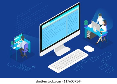 Programmer or web developer concept. Working on computer, coding and programming software. Isometric vector illustration