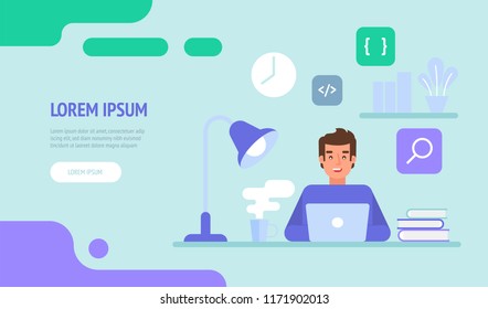 Programador o ingeniero web en el trabajo. Plantilla de página de inicio del sitio web de programación de programadores. La ilustración plana vectorial puede utilizarse para banner web, infografías, imágenes de héroes.