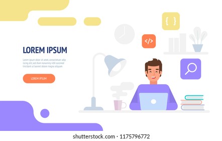 Programmer or web engineer at work. Programmer programming web site landing page template. Flat vector illustration can use for web banner, infographics, hero images.