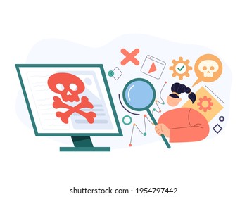 Carácter programador mujer buscando virus de fallos informáticos. Dibujo plano vectorial ilustración abstracta de estilo moderno