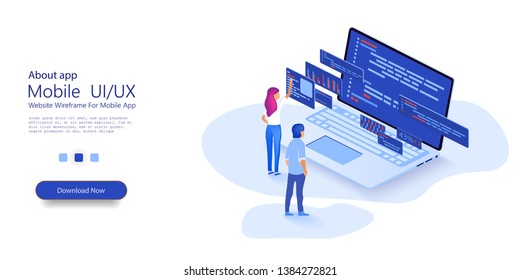 Programmer woman and man  at work concept banner. Website design. Software, web development, programming concept. Flat isometric vector illustration isolated on white background.