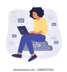 Programmer Woman Sitting on Cloud Computing Symbol and Process Coding for Software Development Concept Illustration