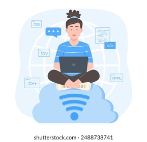 Programmer Woman Sitting on Cloud Computing Symbol and Process Coding for Software Development Concept Illustration